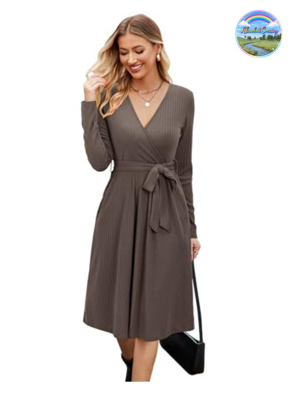 Womens Sweater Dress Long Sleeve Belted Midi Business Casual